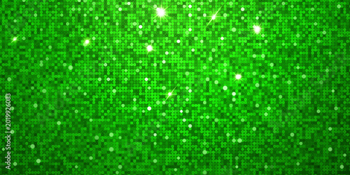A vibrant vector background of green sequins in varying shades, accented by b...