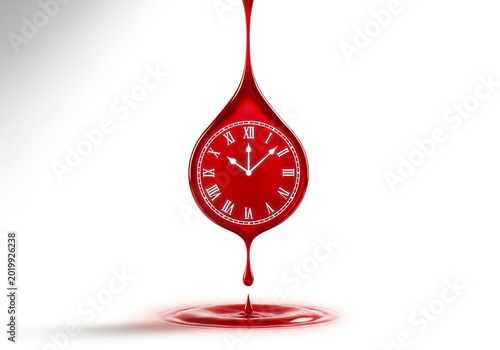 Surreal clock face inside falling red drop symbolizing time and life