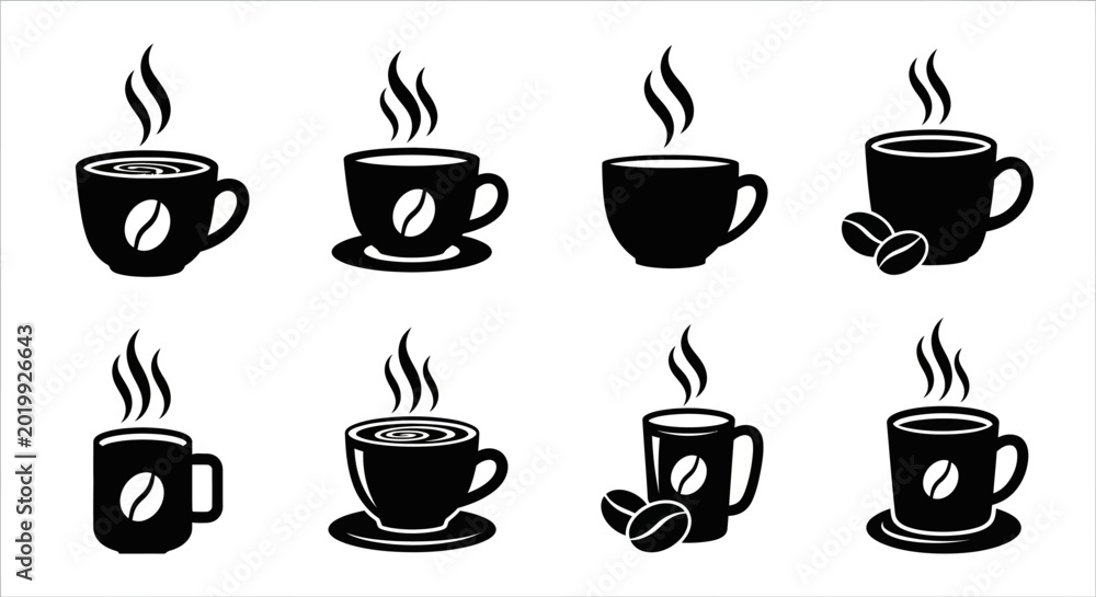Obraz premium Set of eight isolated coffee cups with beans and steam effects rendered in simple black vector flat design.