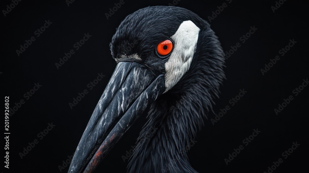 Obraz premium Close-up of black bird's head, dark background. Possible use Nature photography stock