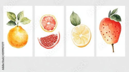 Watercolor Fruit Slices Isolated on White Background