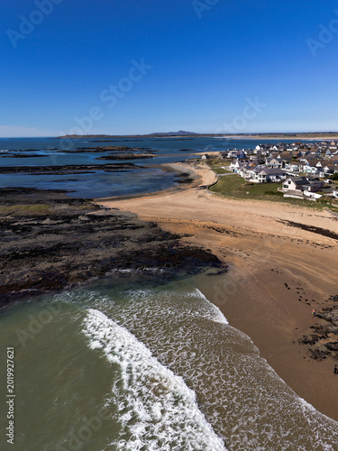 Aerial drone view of Rhosneigr Beach coastline in Anglesey North Wales