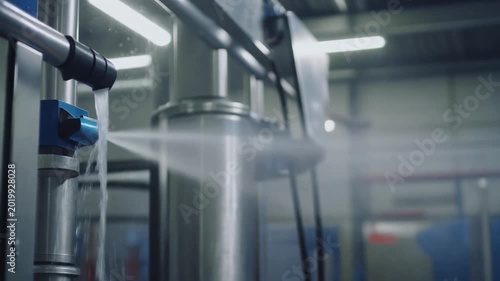 Close-up view of industrial machinery with water spraying from a nozzle onto a stainless steel pipe in a factory setting, highlighting the cleaning process.