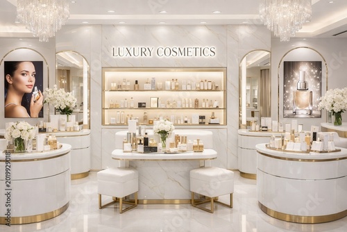 Luxury cosmetics store interior with elegant display counters, premium skincare products and beauty salon design