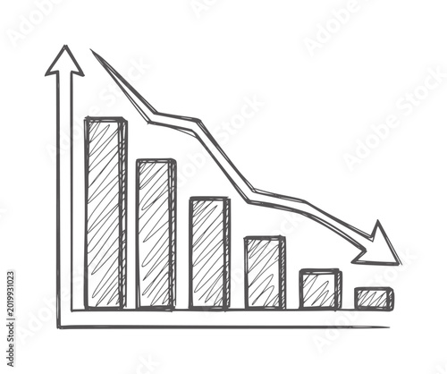 Фотография Hand drawn declining bar chart with downward trend arrow in black and white bars