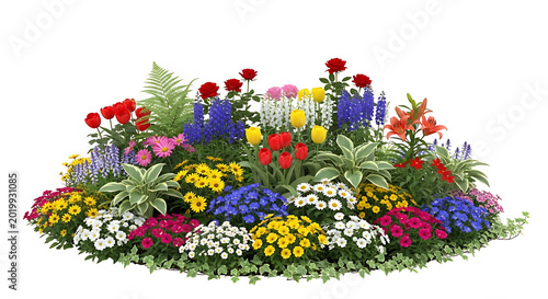 Large foreground flowerbed with different blooming flowers and plants isolated on white background
