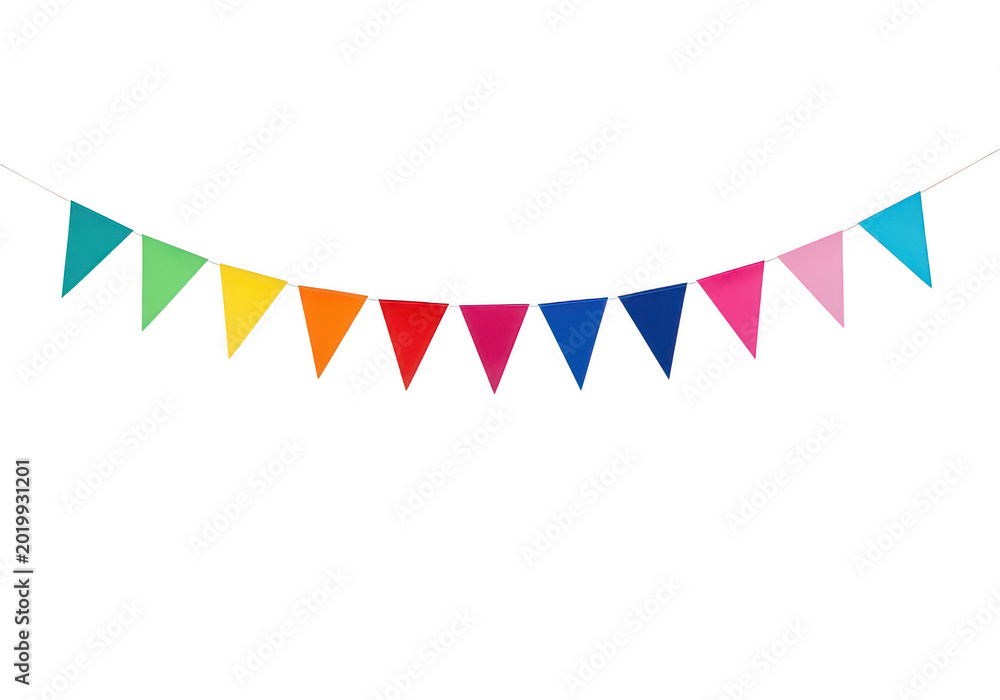 Fototapeta premium Colorful triangular pennant garland hanging in festive arrangement isolated on transparent background png