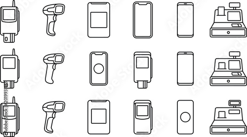 Photos Retail Technology and Payment Device Line Icon Set Featuring POS Terminal Barcod