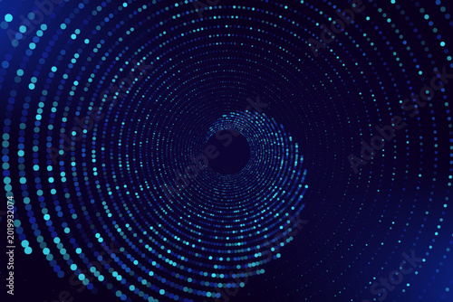 Abstract Digital Circles of Particles with Noise. Futuristic Circular Sound Wave. Big Data Visualization. 3D Virtual Space VR Cyberspace. Crypto Currency Concept. Vector Illustration.eps 10