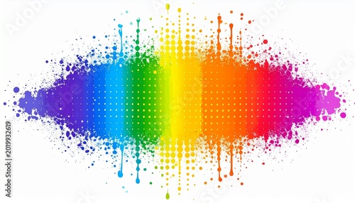 Vibrant rainbow-colored paint splatter creates abstract art on white background