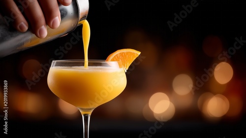 A skilled bartender pours a bright orange drink into a stylish glass. An orange slice decorates the rim, adding a refreshing touch. The background sparkles softly, enhancing the atmosphere