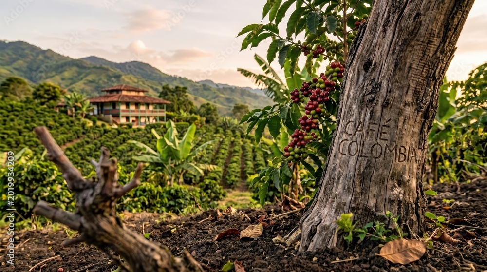 Fototapeta premium Colombian Coffee Plantation with Ripening Cherries on a Tree Trunk Carved with 'CAFE COLOMBIA'