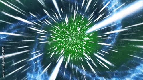 Abstract Green Energy Tunnel with Light Streaks and Blue Plasma Effects.