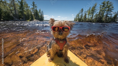 Yorkshire terrier wearing red sunglasses sitting on yellow kayak in clear lake water surrounded by pine forest. Cute small dog enjoying summer outdoor adventure and travel lifestyle.