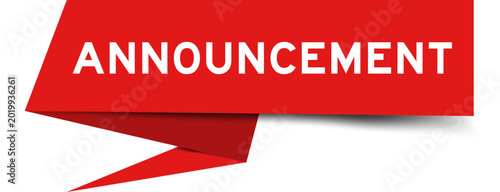 Foto Red color speech banner with word announcement on white background