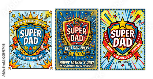 Cuadro en lienzo Super Dad celebrates Father's Day with heroic shield and bright comic style desi