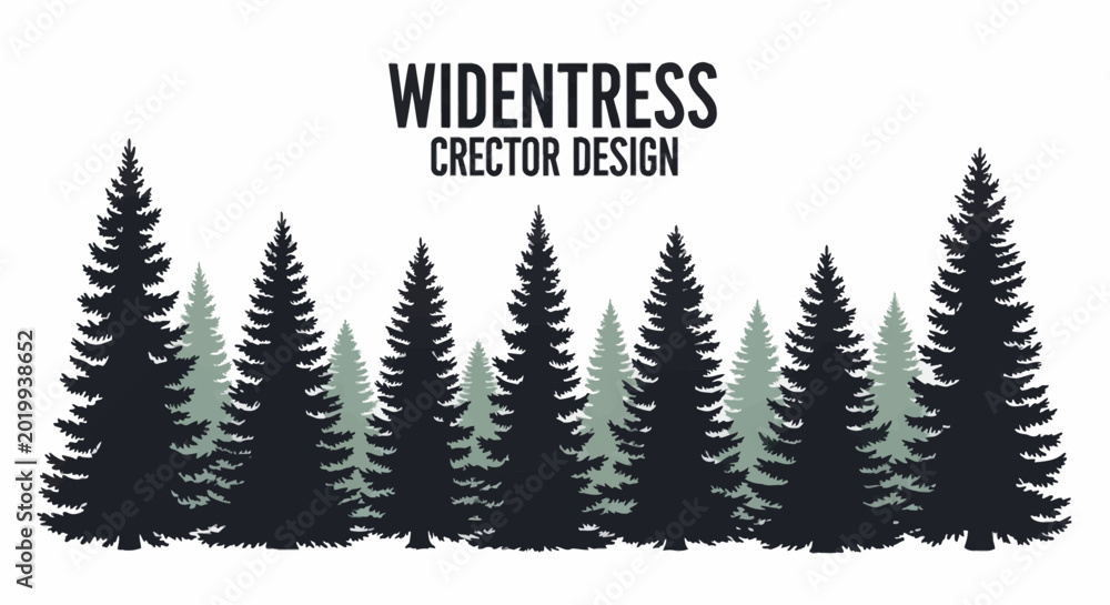 Obraz premium A row of dark green and light green pine trees with a white background and text above.
