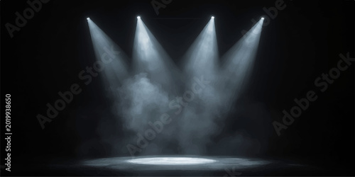 Blue stage spotlights glowing in a dark theater night concert scene with beams of light and motion in a vibrant party atmosphere