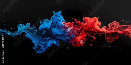 Obraz na plátne Abstract flowing paint splashes with fire, smoke and flame-like energy, red blue