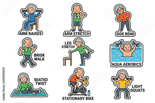 Elderly fitness activities stickers featuring diverse exercises and caucasian cartoon characters.