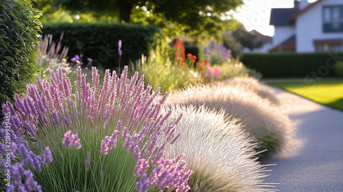 A beautiful garden pathway lined with lavender and ornamental grasses, creating a picturesque scene filled with color and natural beauty