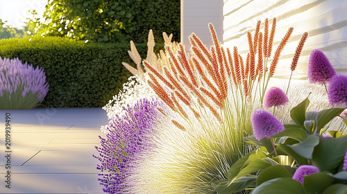 An elegant garden scene featuring vibrant lavender and assorted plants along a stone pathway, showcasing the beauty of outdoor spaces