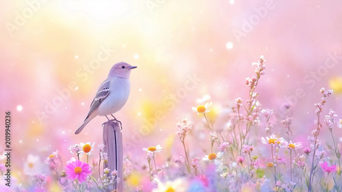 A charming bird stands gracefully on a post, surrounded by a soft blur of pastel flowers, evoking a serene spring ambiance