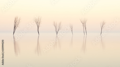 A minimalist winter landscape with trees standing in shallow water, creating a serene and ethereal atmosphere