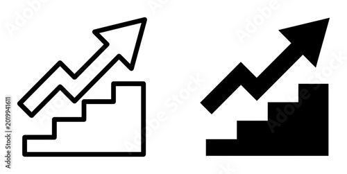 Growth silhouette icons showing an upward arrow over stairs, solid black style, business development concept