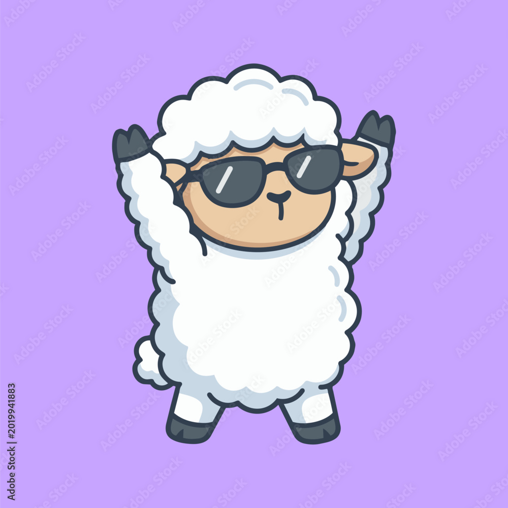 Fototapeta premium Adorable cute sheep wearing cool sunglasses, striking a fun pose with arms raised on a vibrant background