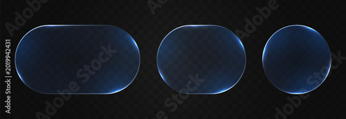 Set of blue rounded glass frames with glowing borders. Glass PNG. Glass panels of different shapes with neon frames.