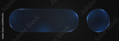 Set of blue rounded glass frames with glowing borders. Glass PNG. Glass panels of different shapes with neon frames.