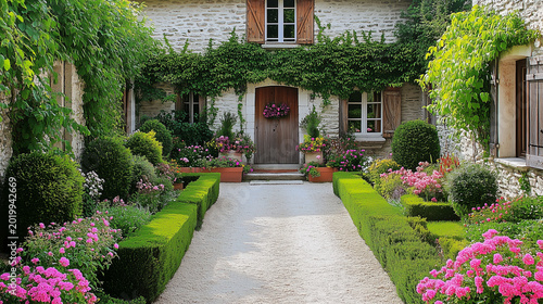 Lush garden filled with colorful flowers and neatly trimmed hedges, leading to a welcoming entrance of a quaint home