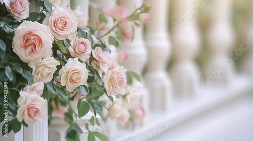 Delicate pink roses cascading over a white railing, creating a romantic garden ambiance
