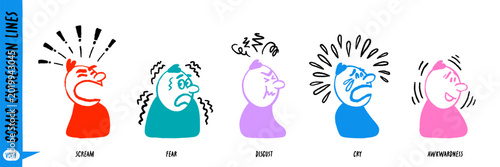 Fotografía Comic face expression set with doodle characters and motion effects showing emotions like scream, fear, and cry in a simple hand drawn style
