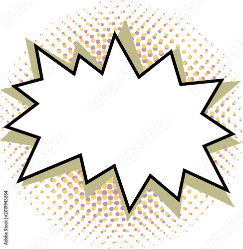 Comic starburst frame with bold black outline over olive rays and yellow purple halftone background. Retro pop art vector star shape sticker for sale tags, promo badges and comic design