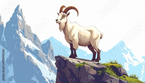 Majestic Mountain Goat Illustration Standing Proudly on Rocky Peak.