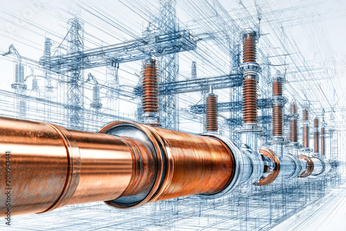 A group of copper transformers stands connected in an electrical substation. Power lines stretch above, showing the infrastructure in an urban setting during the day