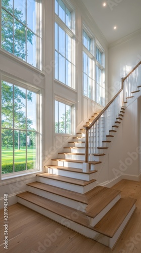 Bright and airy interior with a wooden staircase illuminated by sunlight through large windows