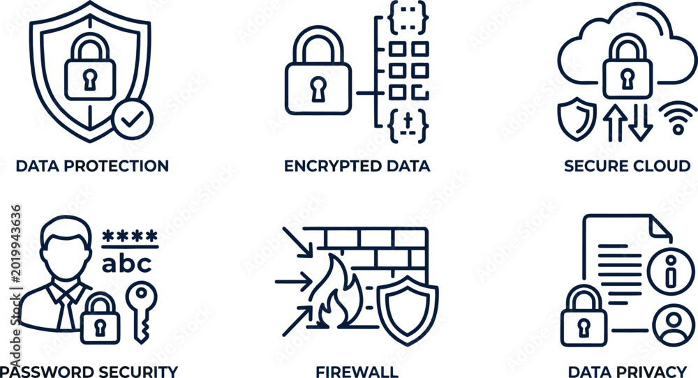 Fototapeta premium Cybersecurity and data protection line icon set with firewall and encrypted data vector