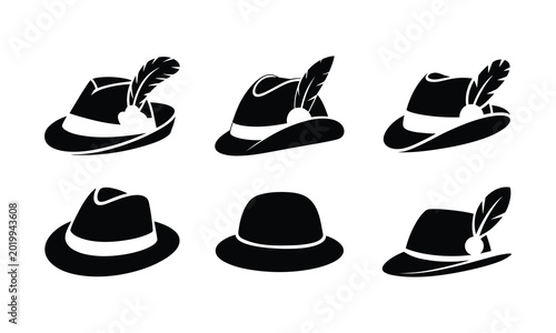 Collection of six bavarian style hats for festive events and traditional costumes.
