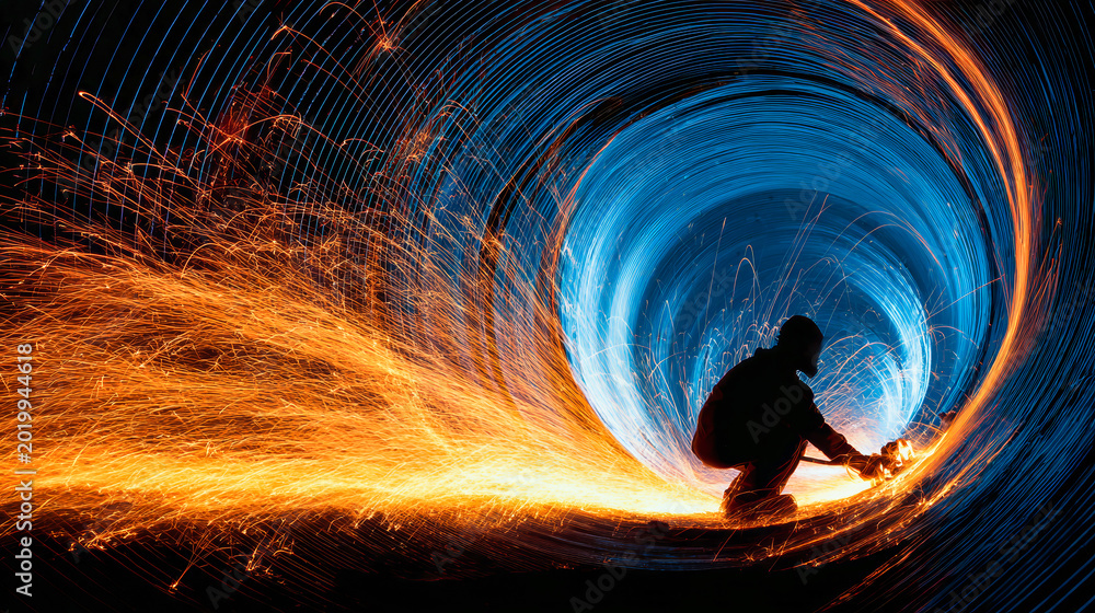 Fototapeta premium A person creates light art by spinning a metal object that produces bright sparks, set in a circular tunnel at night with blue background