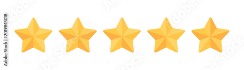 Five golden gradient star shapes isolated on transparent background for rating and review design elements.