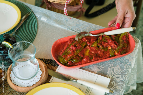 pepper with tomato sauce traditional mediterranean meze for breakfast in turkey and greece