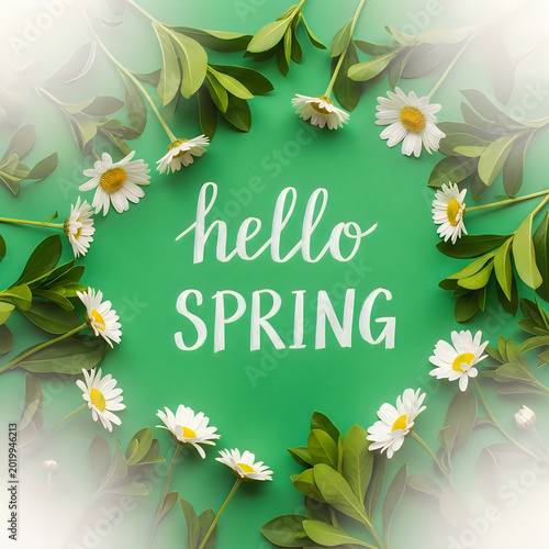 Festive spring greeting 'hello spring' with delicate daisy flower arrangement
