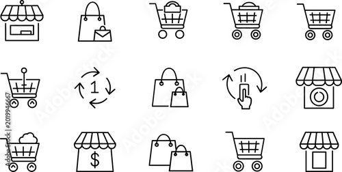Konstfotografi Ecommerce shopping cart and retail store icon set with purchase bag checkout and