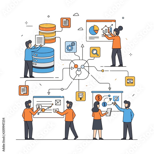 Business data analytics, people working with charts and graphs, teamwork concept illustration
