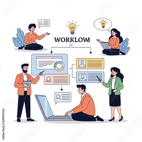 Business workflow process design illustration, teamwork concept