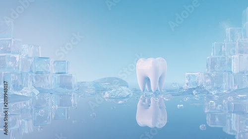 a polished oral-hygiene image of a white tooth resting on a reflective icy platform, framed by frozen cubes, water droplets and a luminous blue gradient background, the scene keeps the same icy-clean 