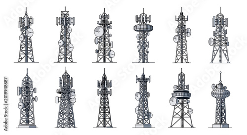 Telecommunication tower icons representing different types of antenna structures used for radio and mobile network broadcasting services.